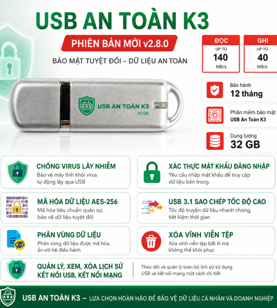 USB An Toàn K3 - Mã hóa, bảo mật dữ liệu - 32/64GB Mẫu mới