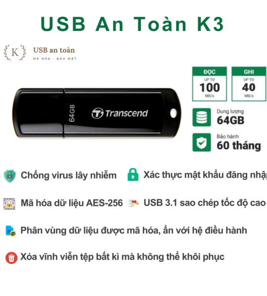 USB An Toàn K3 Transcend Jet Flash 700 64GB - Chống virus - Mã hóa bảo mật dữ liệu (Sản phẩm mới)